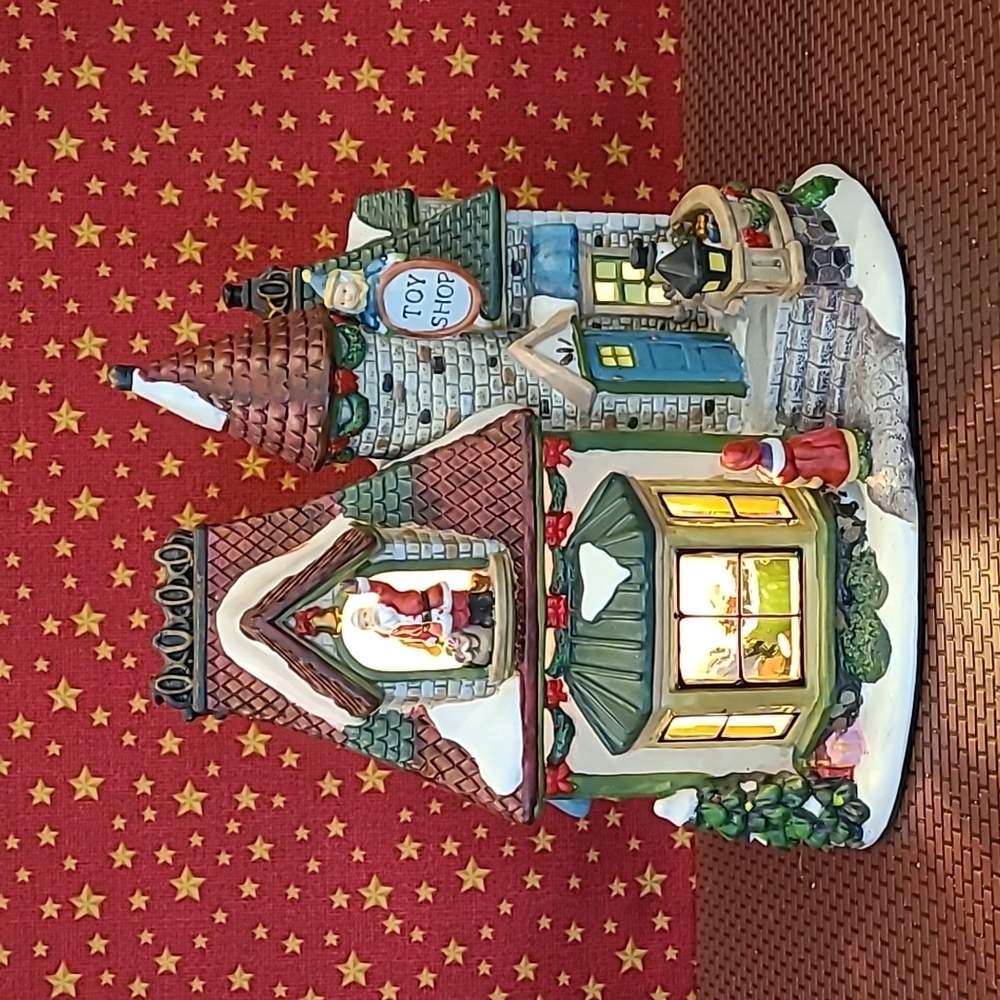 Enchanted Forest Village Santa's Lighted Glass Window Toy Shop
